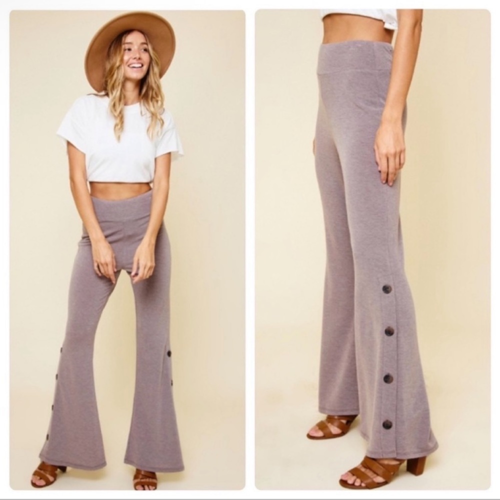 New Mocha Color High Waist Casual Flare Bottom Pants, Side Buttons On Hem